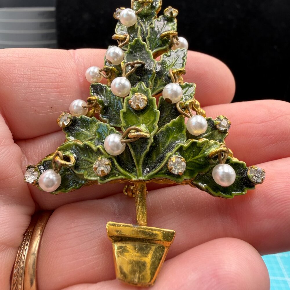 Original by Robert Enameled Christmas Tree Brooch Faux Pearls Dangles Signed